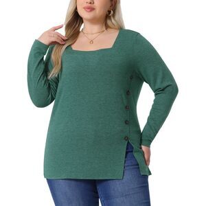 Plus Size Side Button Square Neck Long Sleeve Casual Tunic Blouse Green